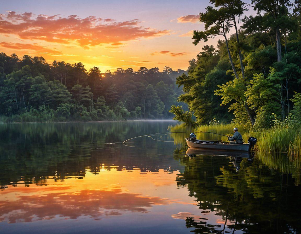 A serene lakeside scene at dawn, featuring a joyful angler casting a line into the tranquil waters filled with lush greenery and a picturesque sunrise reflecting on the surface. A big bass jumps out of the water, creating ripples that symbolize happiness. Include fishing gear scattered by the shore and a small boat in the background. super-realistic. vibrant colors. peaceful atmosphere.