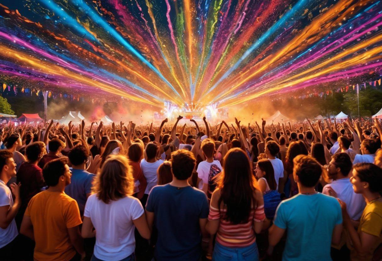 A lively scene depicting a diverse group of ecstatic music enthusiasts dancing in a colorful outdoor festival setting, surrounded by vibrant bass speakers and illuminated stage lights. Include performers playing various instruments, with a backdrop of swirling psychedelic patterns and joyful expressions. Capture the energetic atmosphere with splashes of color and movement. super-realistic. vibrant colors. festival ambiance.