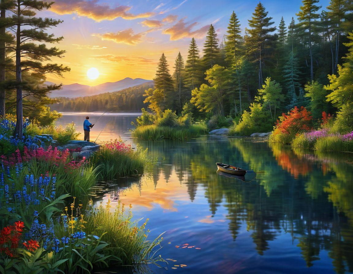 A serene lakeside scene showcasing a joyful fisherman casting his line into vibrant blue waters, surrounded by lush greenery and colorful wildflowers. The sun sets in the background, creating a golden glow that reflects on the water's surface, while musical notes playfully float in the air representing joyful tunes. Include a majestic bass leaping out of the water, symbolizing adventure. super-realistic. vibrant colors. peaceful ambiance.